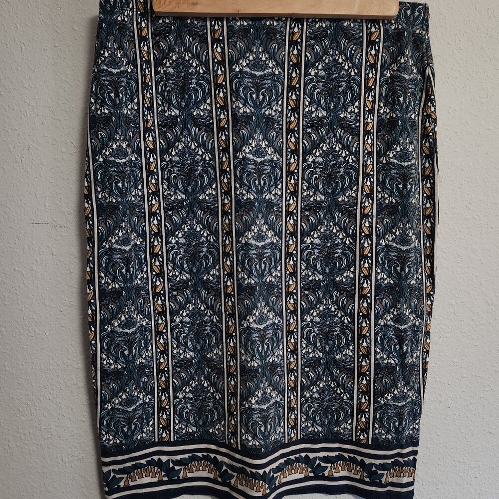 Max Studio | Pattern Stripe Teal Navy Gold Skirt Large